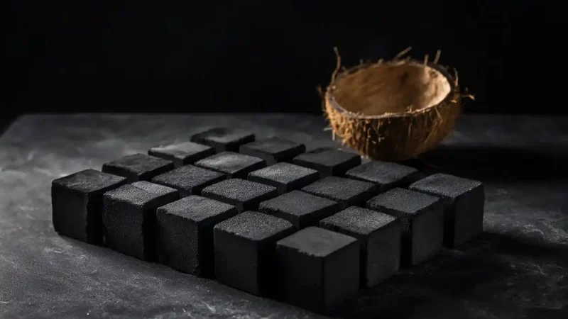 Superior coconut charcoal cube quality displayed on dark stone surface