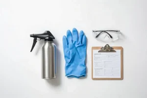 Petugas jasa anti rayap Medan memeriksa dinding rumah menggunakan senter secara profesional