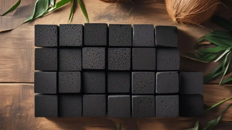 Superior quality coconut charcoal cubes arranged on a wooden surface with natural lighting
