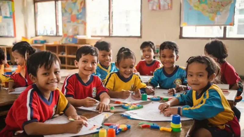 anak TK usia dini Jogja sedang belajar dan bermain bersama di dalam kelas yang ceria