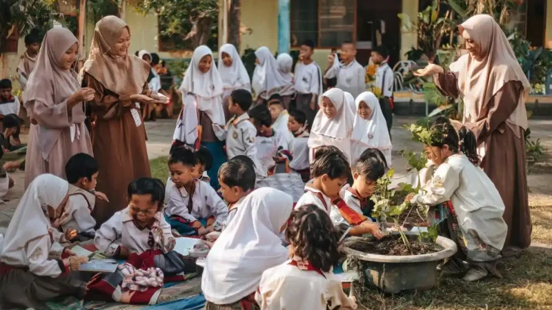 Keunggulan TK Islam dibanding TK umum terlihat dari kegiatan belajar dan bermain anak usia dini dengan bimbingan guru di lingkungan Islami