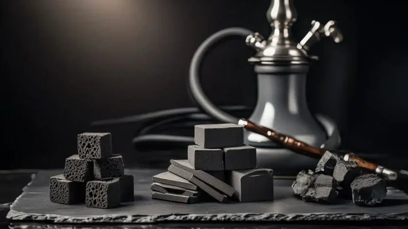 Various shisha charcoal types and uses including coconut cubes and wood charcoal for hookah setup